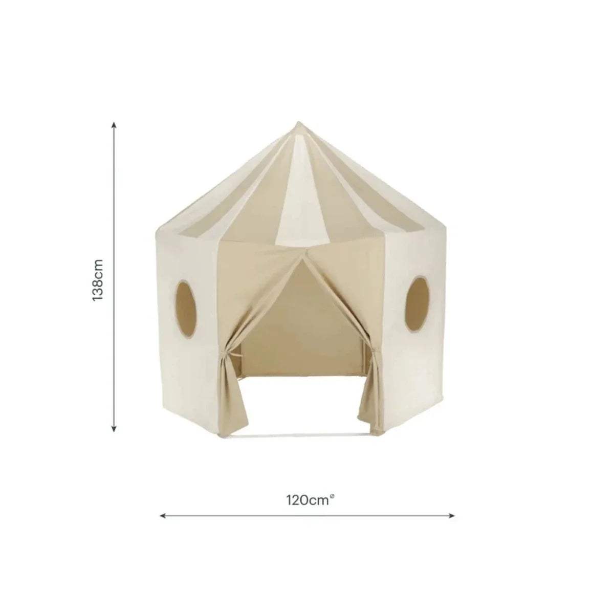 Kids play tent size: 120cm wide and 138cm high, cream with side windows