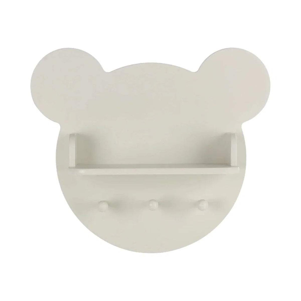 Bear wall shelf with open cubby and three hanging pegs, light cream color