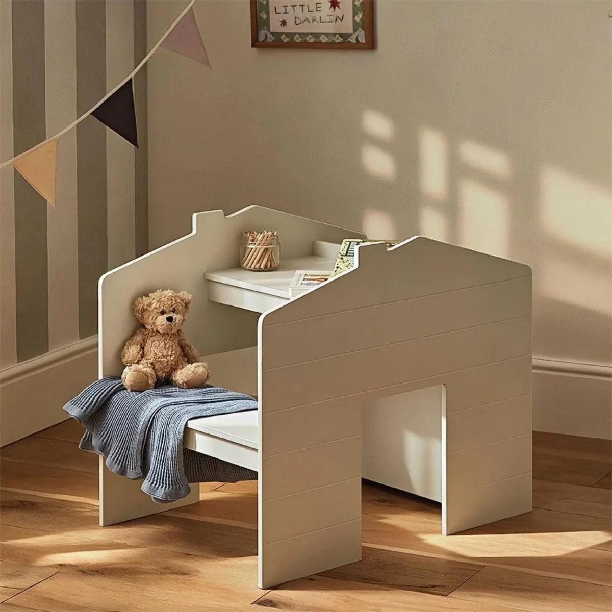 Pebble play house storage desk with bench, open tabletop and side cubbies