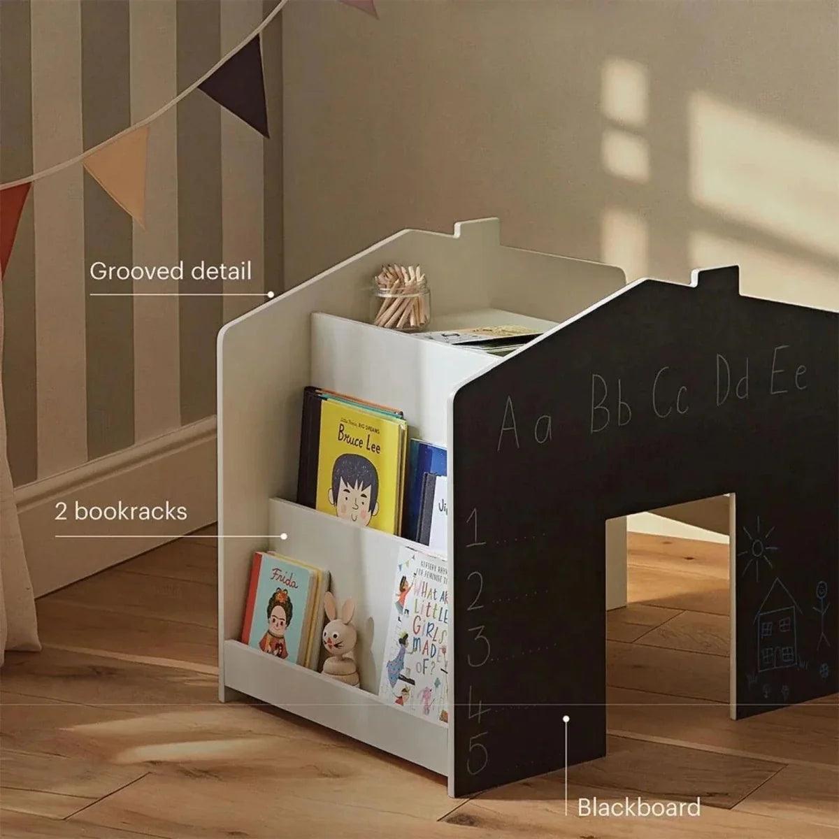 Pebble play house storage desk with bench, book racks, grooved detail, blackboard