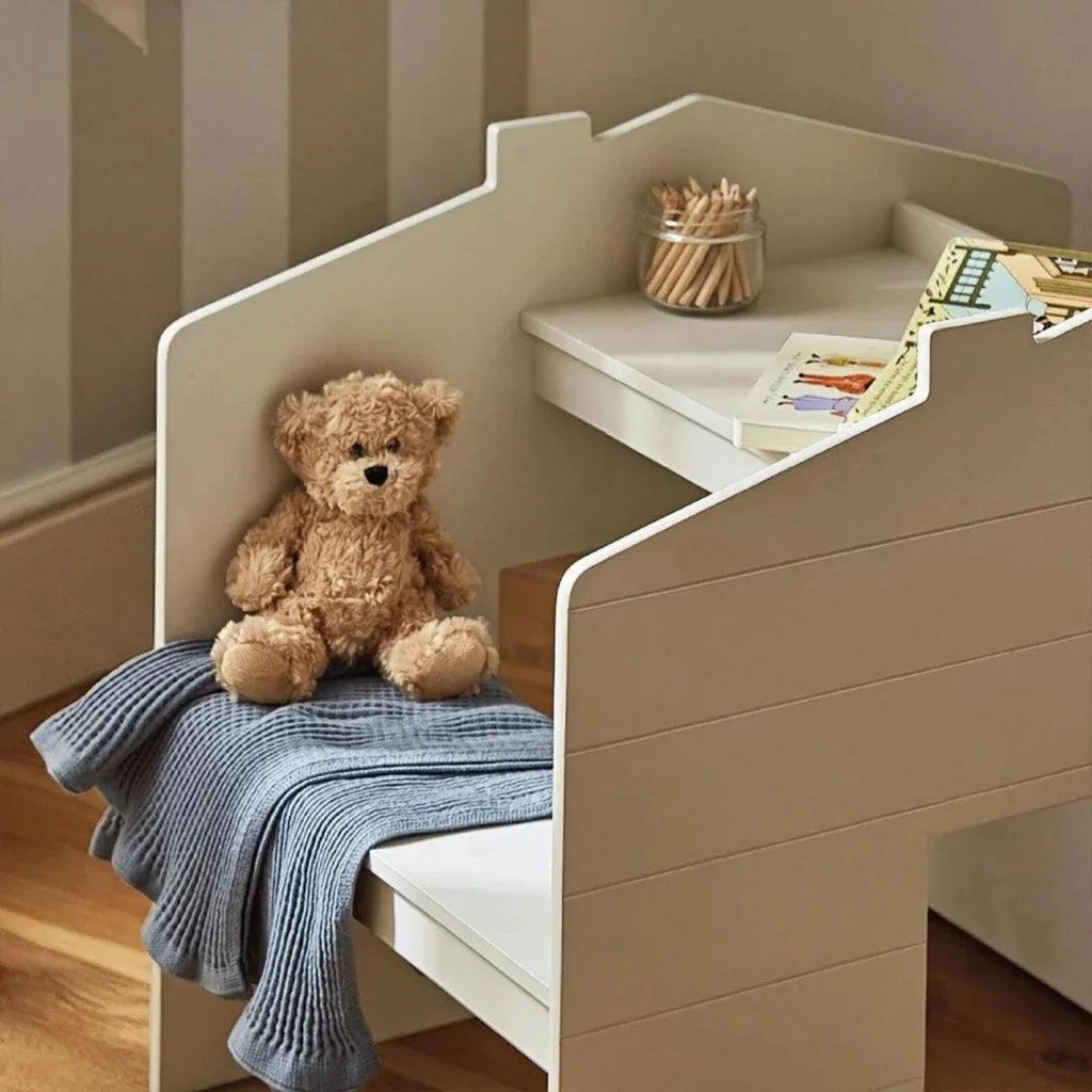 Pebble play house storage desk with bench, shelf cubbies and open front
