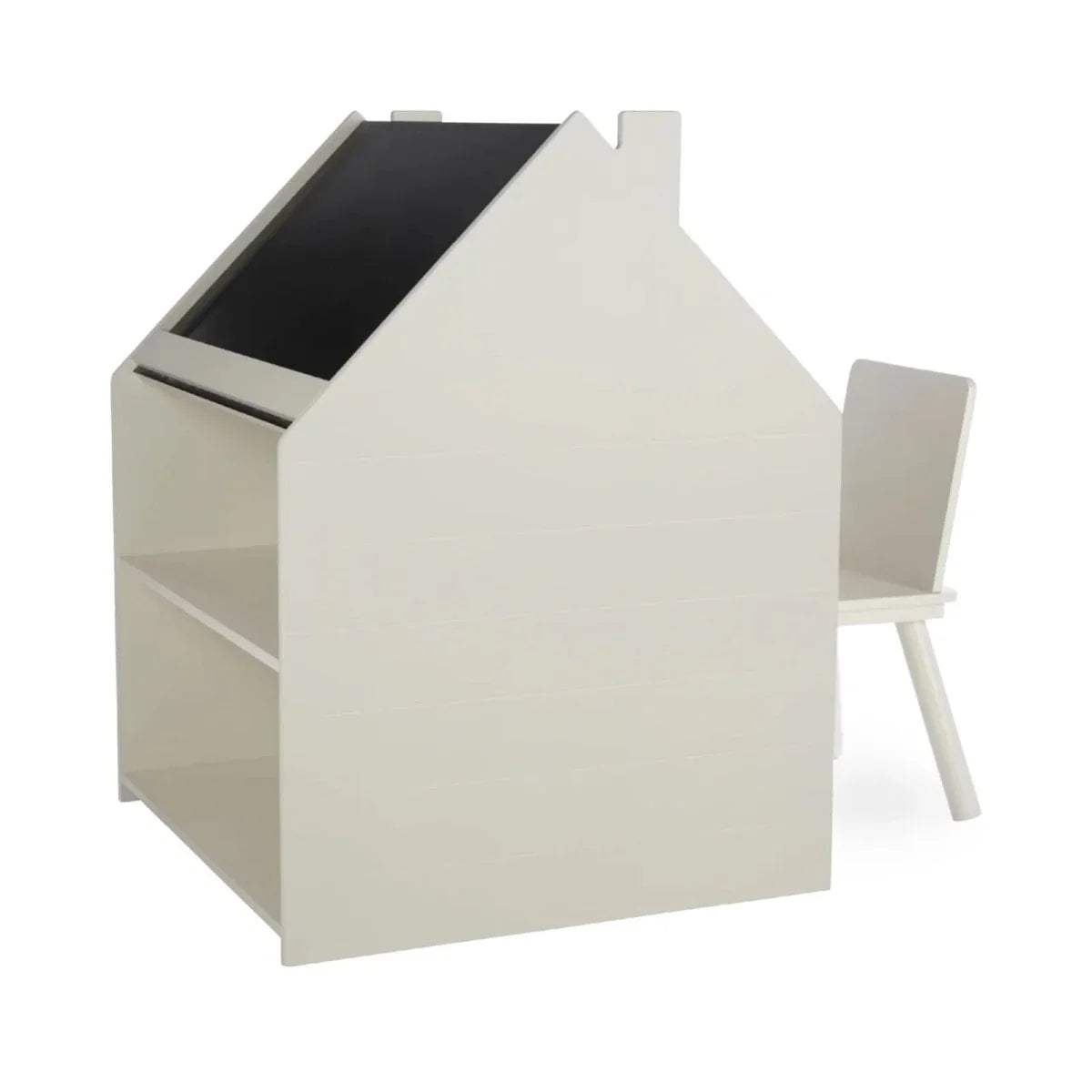 White playhouse storage desk with blackboard top and side chair