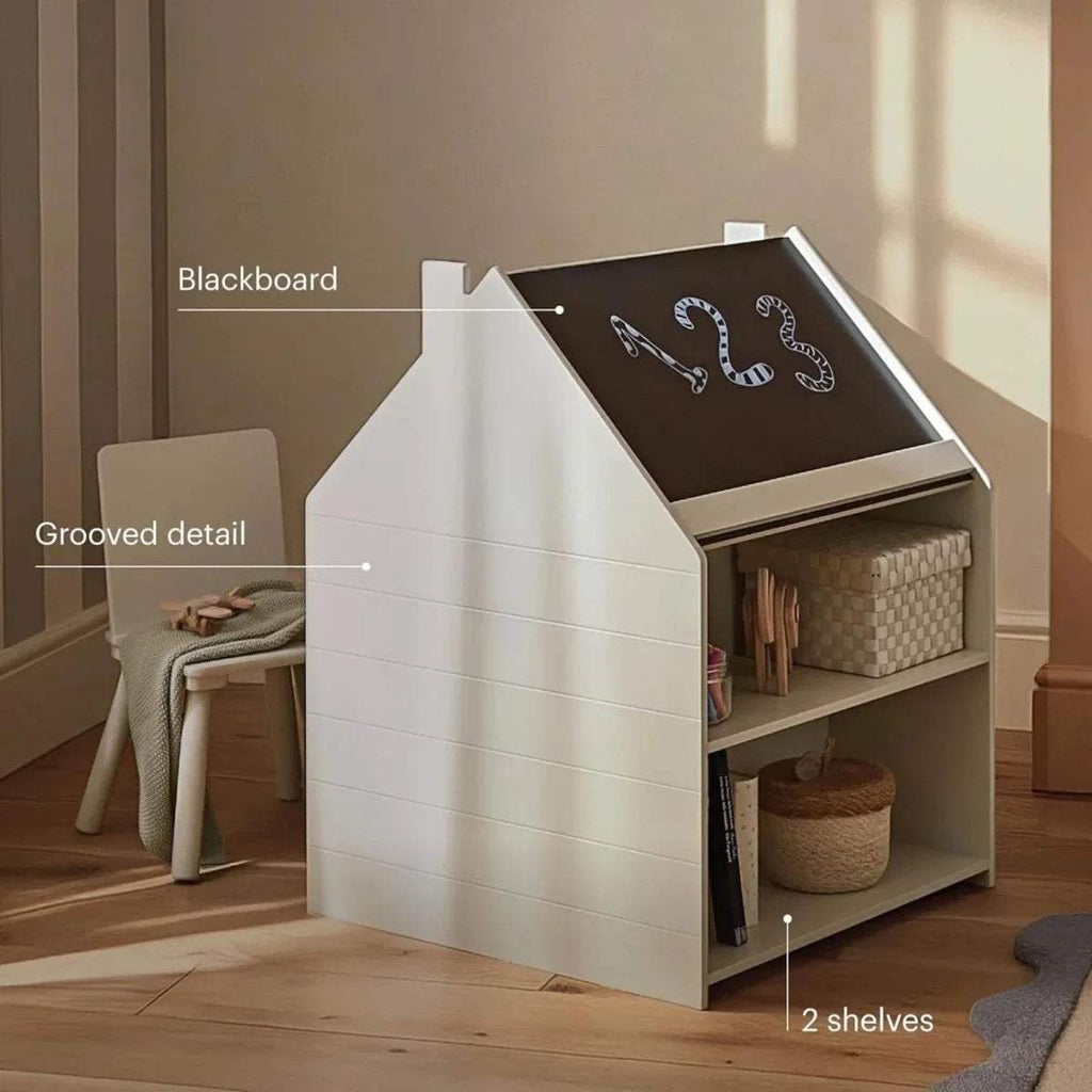 White playhouse storage desk with blackboard top, grooved detail, and two shelves