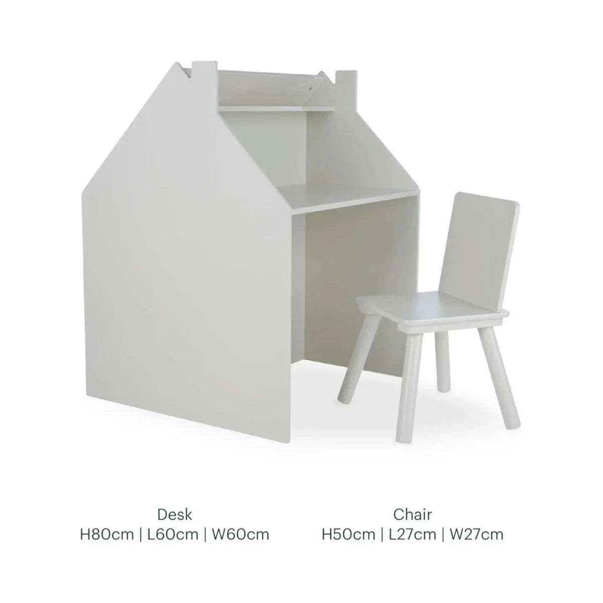 White playhouse storage desk with chair and open shelves for play items