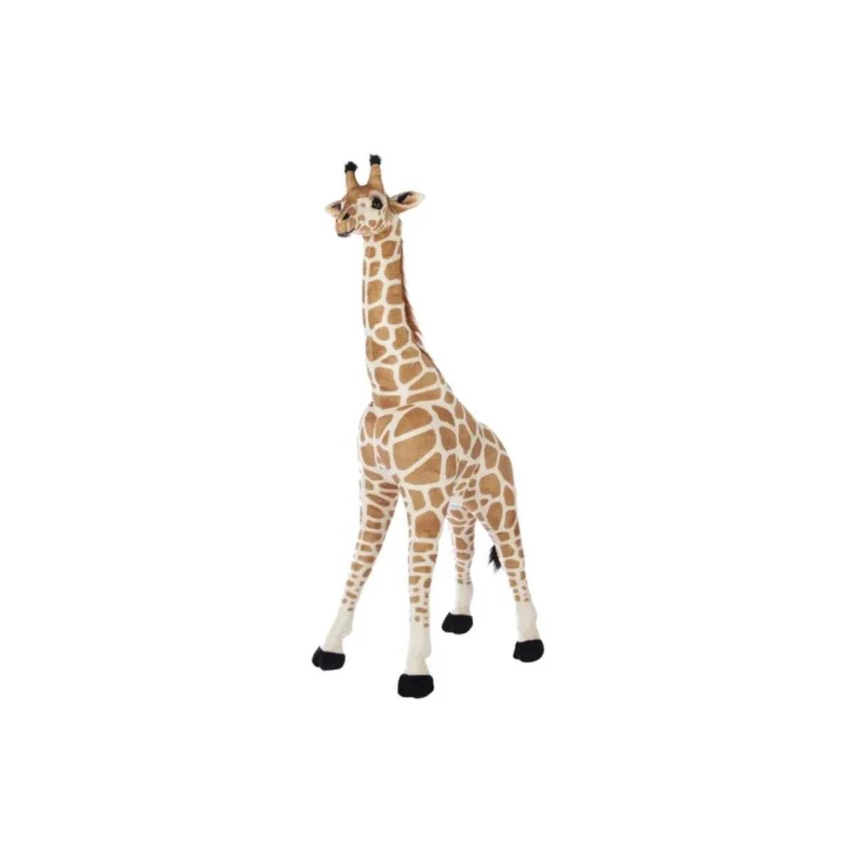 Plush giraffe stuffed animal standing in side view with brown-and-cream pattern, black hooves.