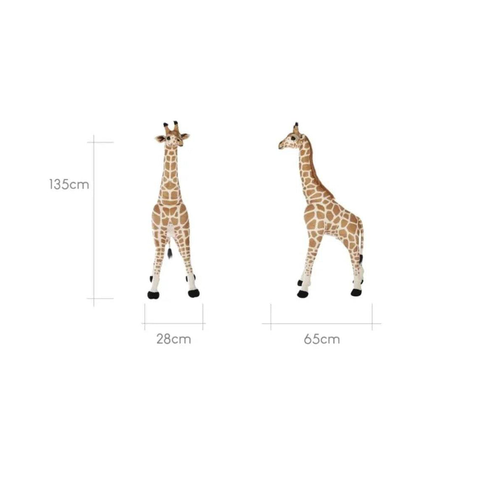 Plush giraffe size chart: 135cm tall; 28cm front width, 65cm side length.