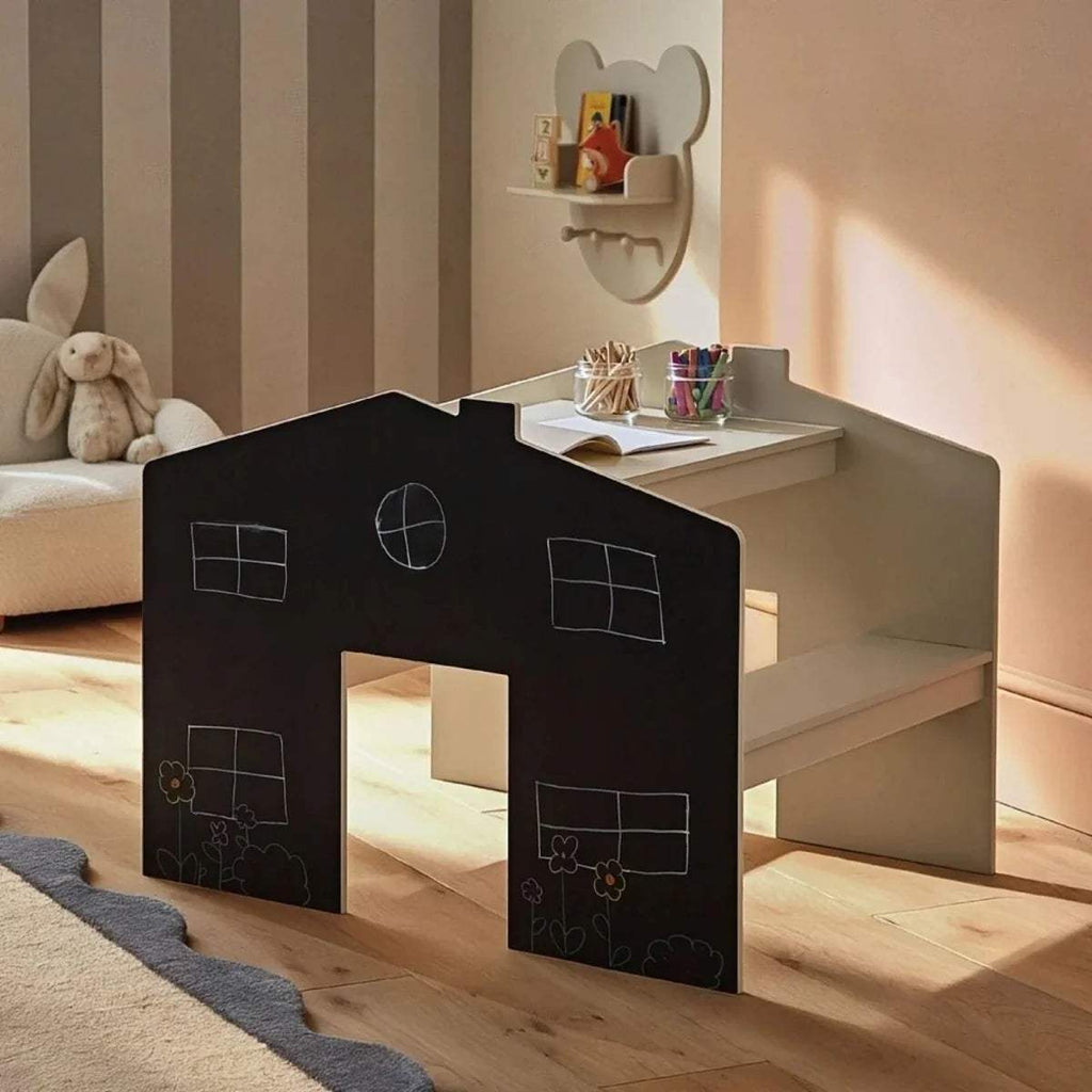 Pebble play house desk for two with blackboard front panels and shelves