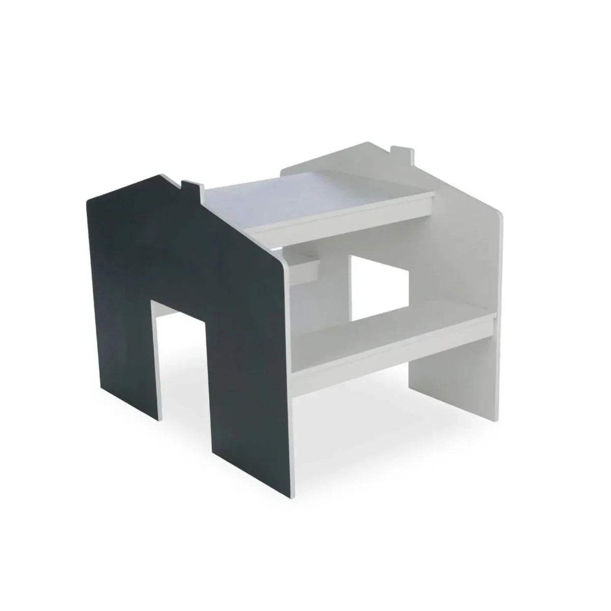 Two-tone play house desk for two with black side panels, white top, and shelves