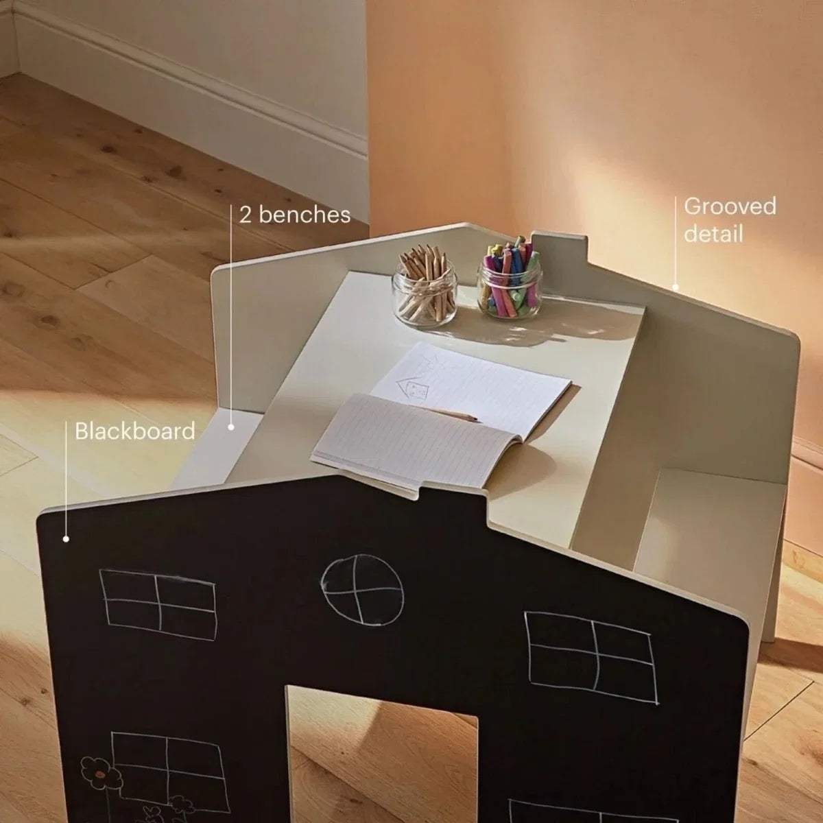 Pebble play house desk for two with blackboard front and open bench seating