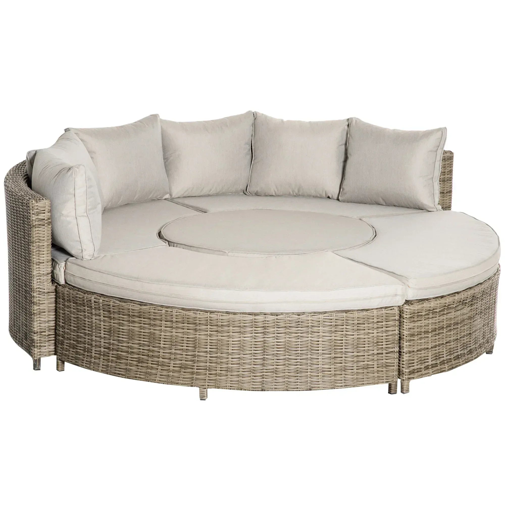 5 Pieces Outdoor PE Rattan Round Garden Daybed with Cushions, Aluminium Patio Furniture Set Lounge Chair Conversation Sofa Set with Liftable Coffee Table and Protect Cover, Grey - Bobobiy