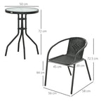 Black rattan bistro set with round glass table and two matching armchairs, size view