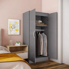 Grey high-gloss wardrobe with two open doors revealing hanging rail and shelves