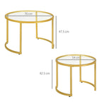 Round nesting tables, gold frame: 70 cm and 54 cm tops, 47.5 cm and 42.5 cm high