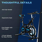 Black stationary bike with ergonomic seat, anti-slip handlebars, toe-cage pedals, and front wheels
