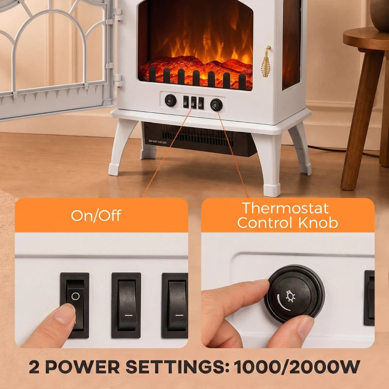 White electric fireplace control panel with on/off switches and thermostat control knob