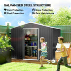 Dark grey galvanised steel shed with open double door showing storage shelves inside