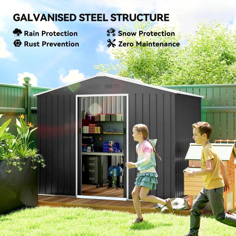 Dark grey galvanised steel shed with open double door showing storage shelves inside