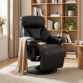 Black reclining armchair with high headrest, footrest, and cup holder