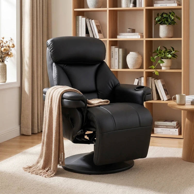 Black reclining armchair with high headrest, footrest, and cup holder