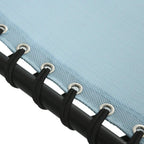 Close-up of baby blue mesh fabric with black tie straps and metal grommets