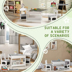 White kids table and chair set with grey tabletop and built-in storage shelves