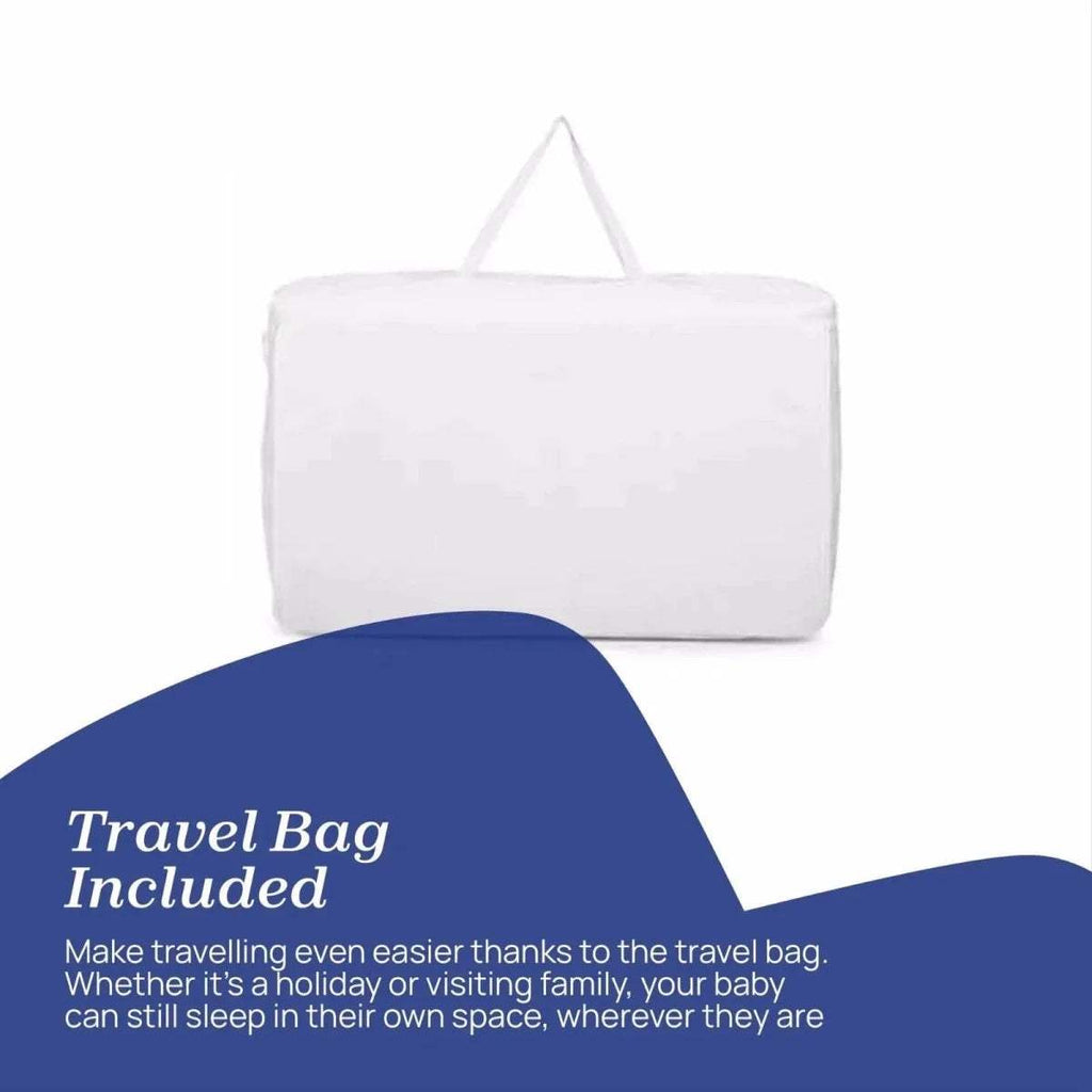 White travel bag with carrying handles for bedside crib storage