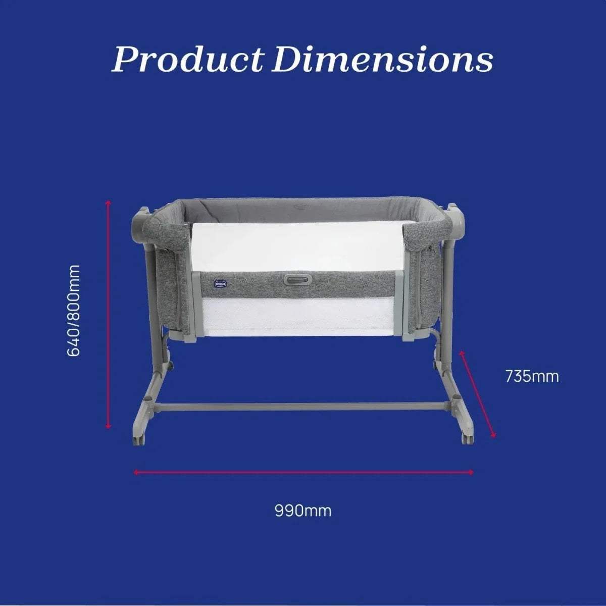 Dark gray bedside crib with white mattress, shown with size measurement guides