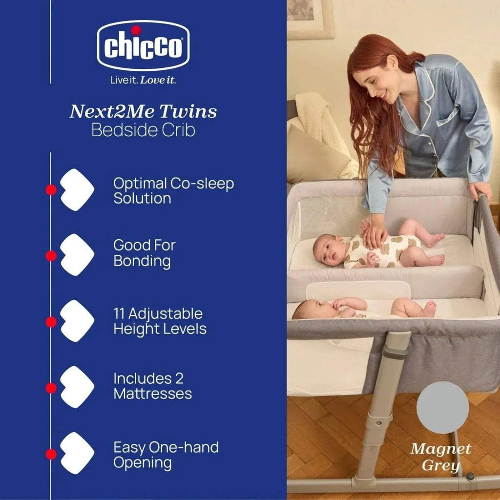 Magnet grey twin bedside crib with open side, caregiver and two babies nearby