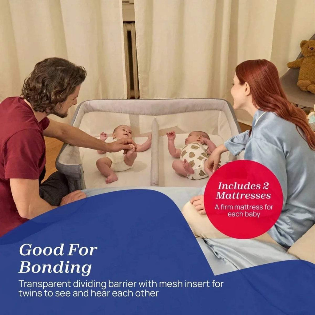 Magnet grey twin bedside crib with two babies and parents bonding