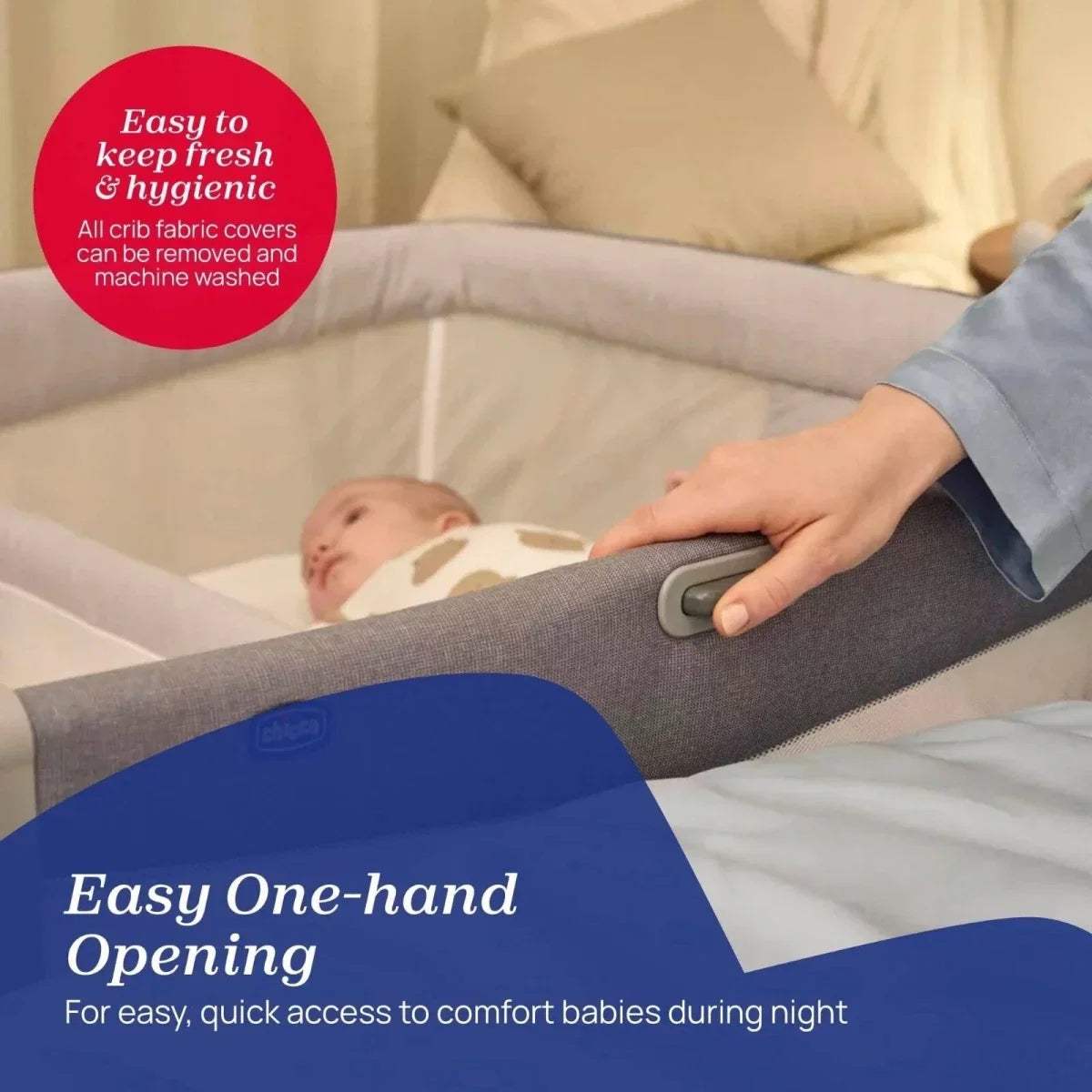 Twin bedside crib rail with latch and white mattress edge