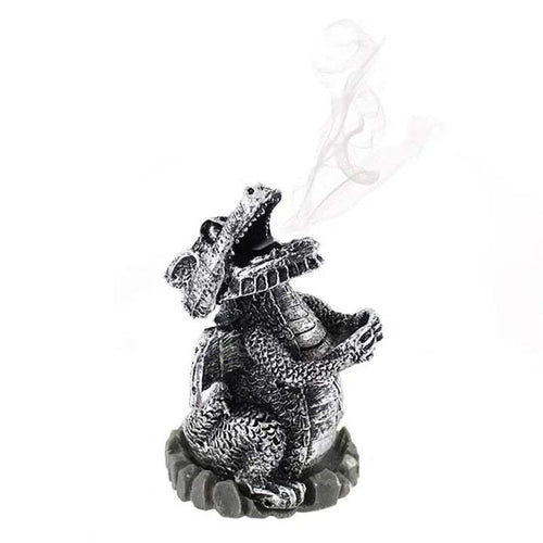 Silver dragon incense cone holder figurine with raised cone holder and smoke