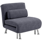 Charcoal grey velvet-look sleeper chair with padded seat and curved armrests