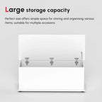 White storage chest with lid raised, showing internal support hinges and latch points.