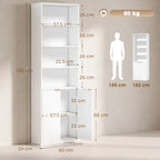 White tall bookcase with open shelves and lower double-door cabinet, adjustable tiers