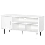 White TV stand cabinet with left door and open center shelves, supported by four legs