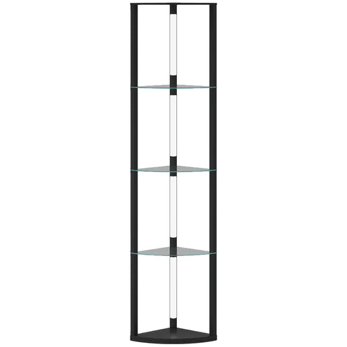 Black LED floor lamp with three circular glass shelves and vertical light column