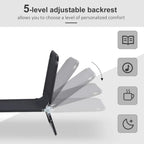 Black foldable sun lounger showing 5-level adjustable backrest with locking positions