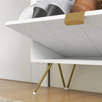 White shoe cabinet open top compartment with gold handle and gold-tone tapered legs