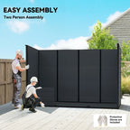 Dark grey resin shed with panel assembly and latch doors on an outdoor deck