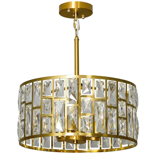 Gold-tone glass crystallite chandelier with round drum and clear crystal prism panels