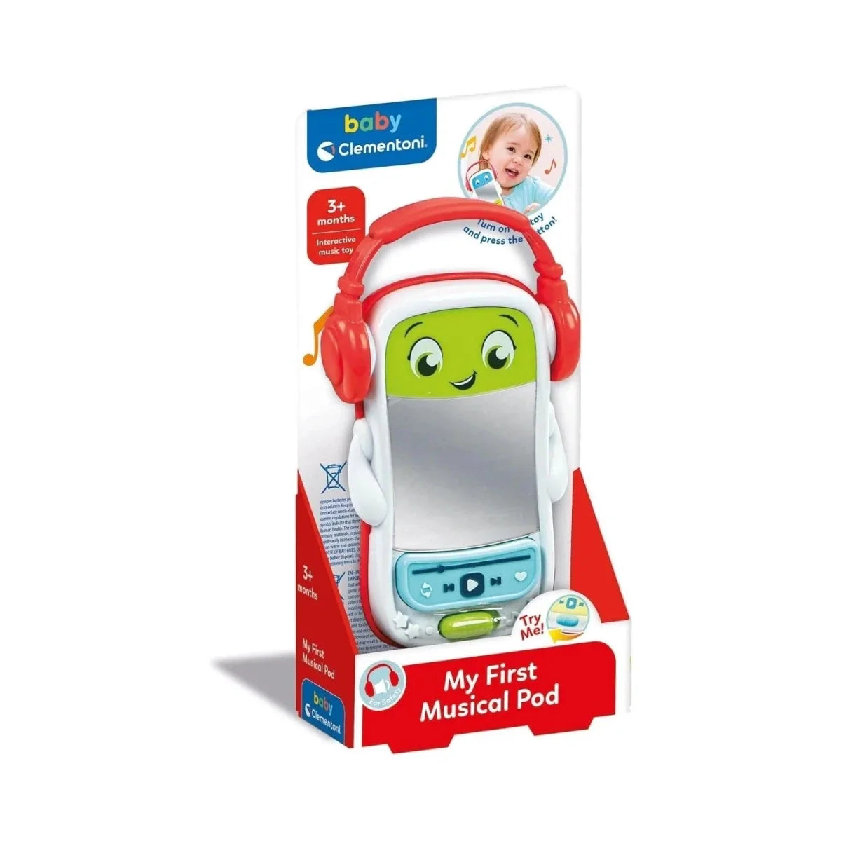Musical pod toy in retail box with cartoon headphones character and 3+ months label