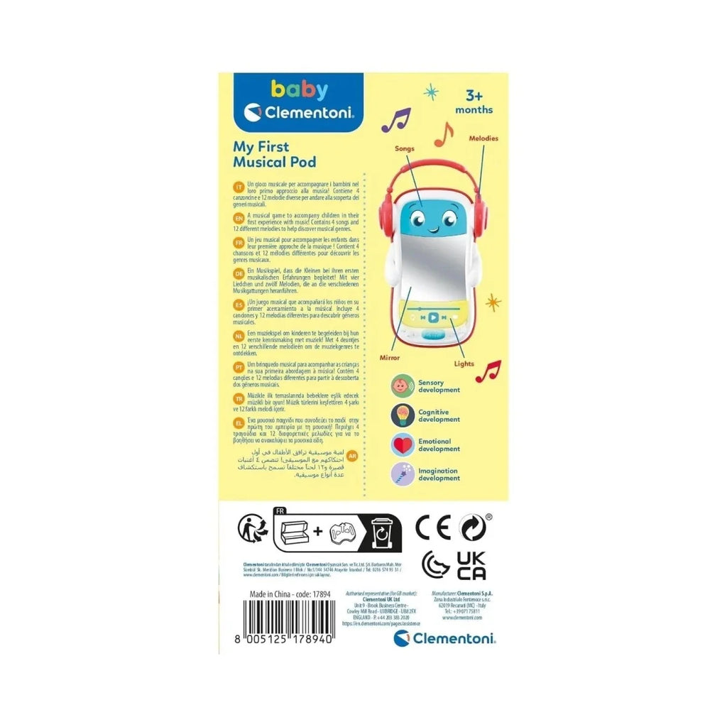 Musical pod toy package back with icons and feature details