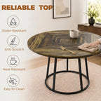 Round table top in rustic brown woodgrain with black conical base, chairs around it