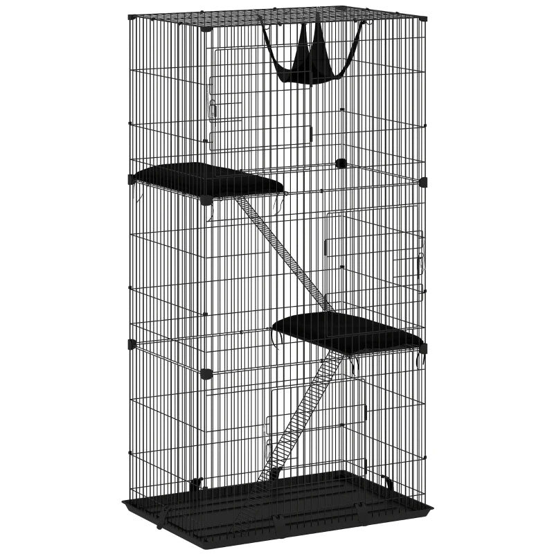 3-tier black metal cat cage with hammock, platforms, and wire enclosure