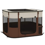 Brown portable dog pen with beige top, mesh panels, and zip front side door