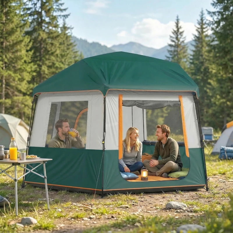 Green pop-up cabin tent with front mesh opening and side windows for lounging