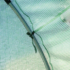 Green greenhouse side frame with connector clamps and mesh wall fabric detail