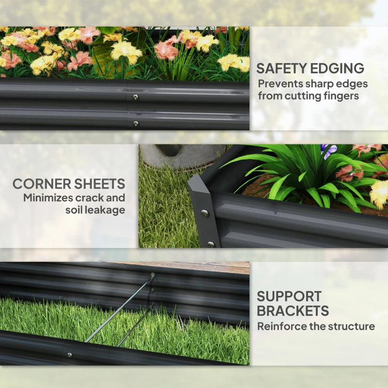 Dark grey galvanised steel planter showing reinforced corners and support brackets