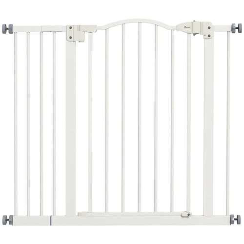Adjustable white pet gate safety barrier with hinged auto-close door