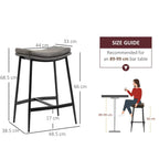 Grey bar stool with curved seat and black frame shown with dimension diagram